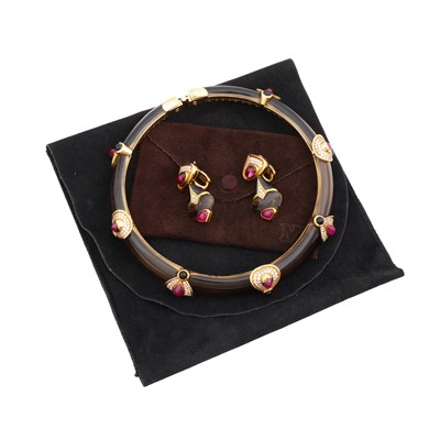 Lot 415 - Marina B Ι A smoky quartz, ruby, diamond, tourmaline and onyx choker and clip earring suite