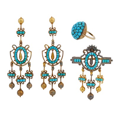 Lot 14 - A turquoise brooch/pendant, earring and ring suite