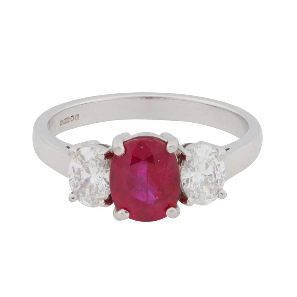 Lot 88 - A three-stone ruby and diamond ring, circa 2007
