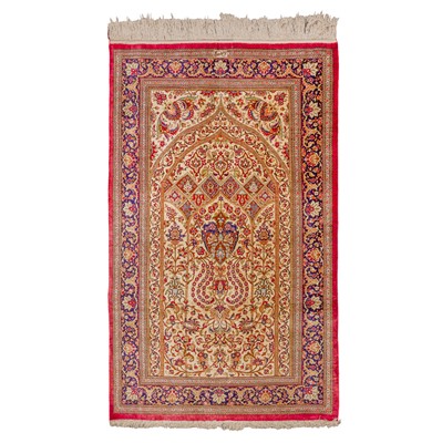 Lot 64 - An extremely fine, signed silk Qum prayer rug, central Persia