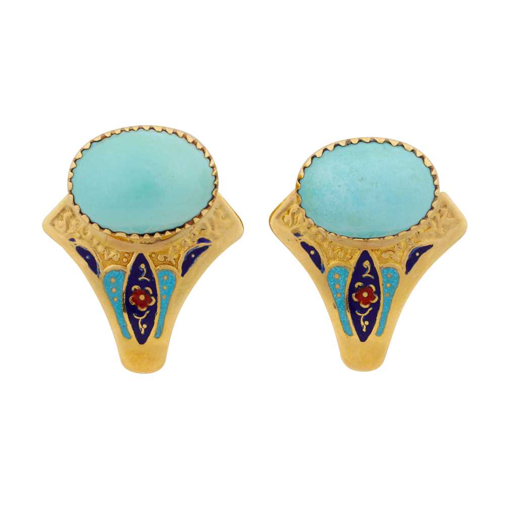 Lot 16 - A pair of turquoise and enamel earrings