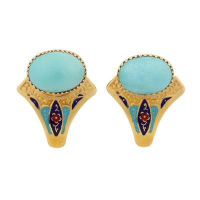 Lot 16 - A pair of turquoise and enamel earrings