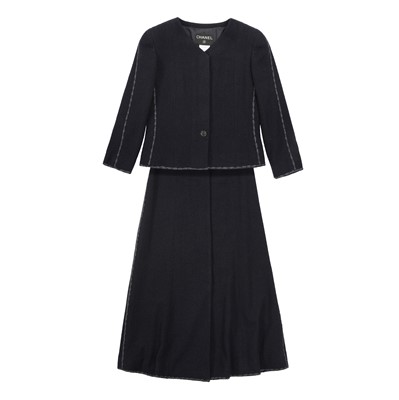 Lot 88 - Chanel Navy Wool Boucle CC Maxi Skirt Suit - Size 36