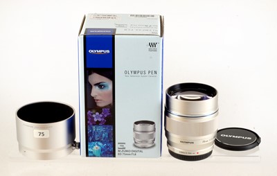 Lot 177 - Silver Olympus M. Zuiko Digital 75mm f1.8 ED Lens.