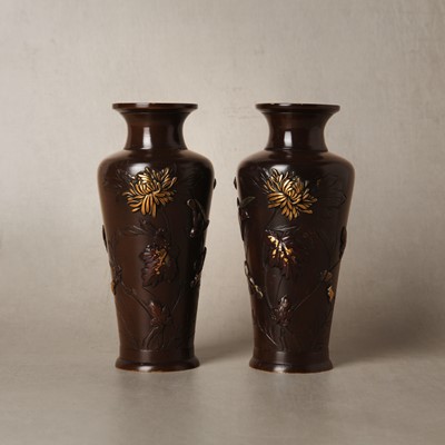 Lot 84 - A pair of Japanese bronze and mixed metal 'floral' vases, Meiji period, 19th century