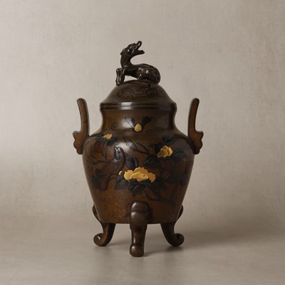 Lot 83 - A Japanese bronze and mixed metal 'floral' koro incense burner and cover, Meiji period, 19th century