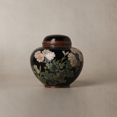 Lot 68 - A Japanese cloisonné enamelled 'carnations' jar and cover, Meiji period, 19th century