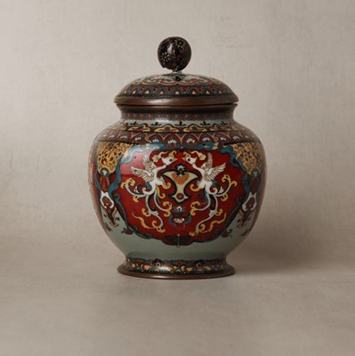 Lot 70 - A Japanese cloisonné enamelled 'phoenix' jar and cover, Meiji period, 19th century