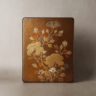 Lot 106 - A Japanese lacquer 'peony' bunko document box and cover, Meiji period, 19th century