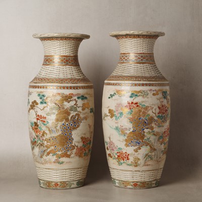Lot 16 - A pair of Japanese Satsuma 'basket weave' vases, Meiji period, 19th century
