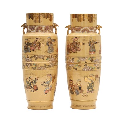 Lot 38 - A pair of Japanese Satsuma 'figural' yellow vases, 20th century