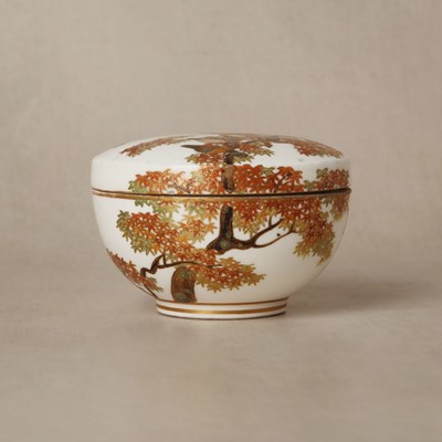 Lot 15 - A small Japanese Satsuma 'birds and maple' box and cover by Kinkozan, Meiji period, 19th century
