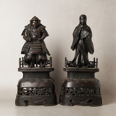 Lot 85 - Two Japanese bronze 'samurai and courtesan' figures, Meiji period, 19th/20th century