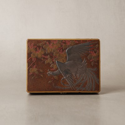 Lot 107 - A Japanese lacquer inset silver 'phoenix' box, Meiji period, 19th century
