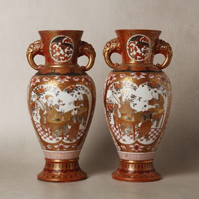 Lot 17 - A pair of Japanese Kutani 'figural landscape' vases, Meiji period, 19th century
