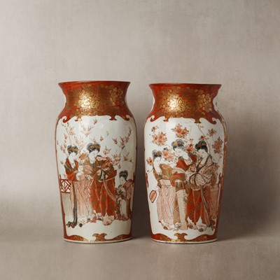 Lot 19 - A pair of Japanese Kutani 'figural landscape' vases, Meiji period, 19th century