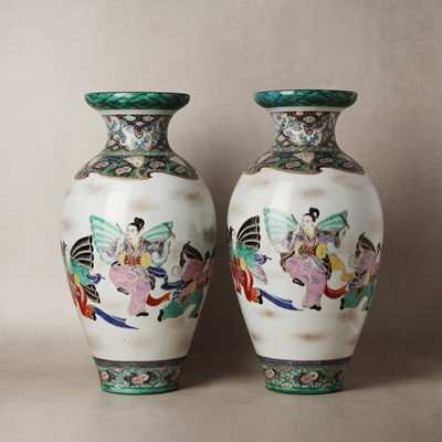 Lot 20 - A pair of large Japanese Kutani 'figural' vases, Meiji period, 19th/20th century