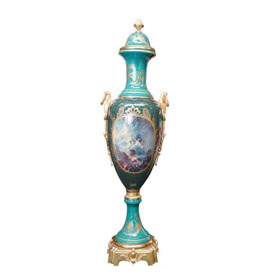 Lot 319 - A monumental French ormolu-mounted bleu céleste ground porcelain covered urn, in the Sèvres style, late 19th century