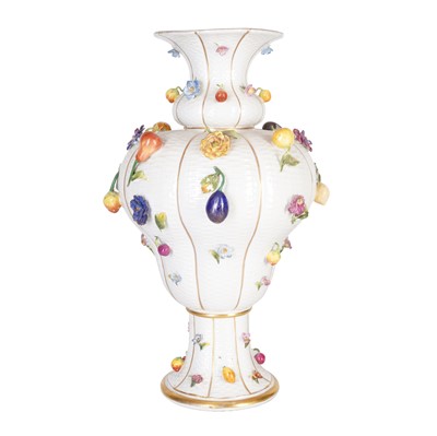 Lot 306 - A large Meissen style fruit and flower encrusted basket weave vase