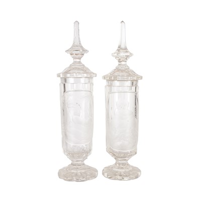 Lot 330 - A pair of Bohemian crystal vases and covers, engraved with animals hunting