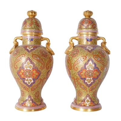 Lot 298 - A pair of late 19th Century Coalport 'Cashmere' pattern vases and covers