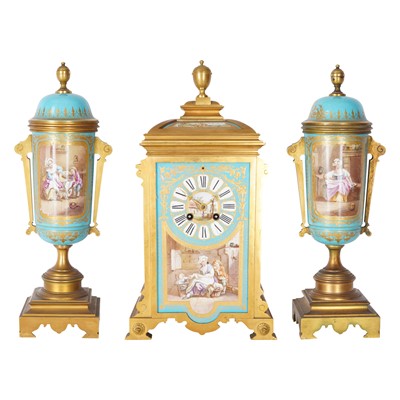 Lot 163 - A Sevres style French porcelain and ormolu clock garniture