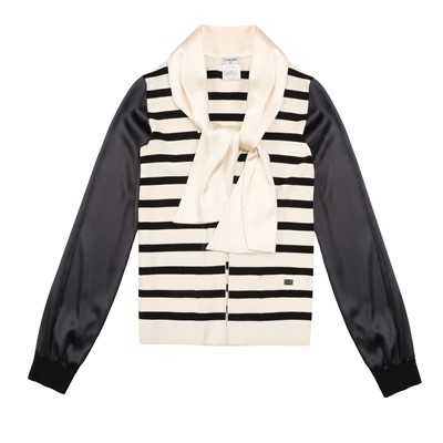 Lot 186 - Chanel Ivory Stripe Open Front Scarf Cardigan - Size 40