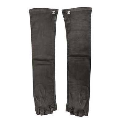 Lot 189 - Chanel Black CC Fingerless Long Gloves - Size 6.5
