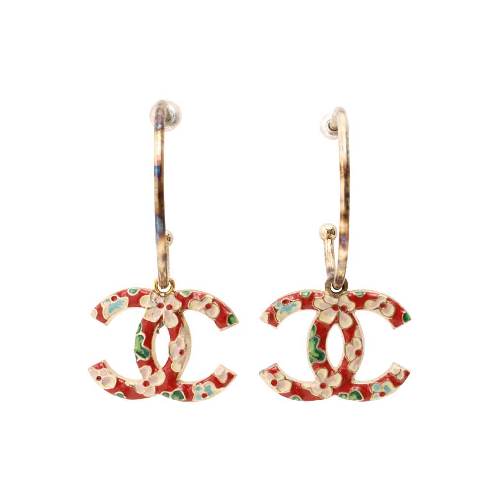 Lot 19 - Chanel Red CC Drop Hoop Pierced Earrings