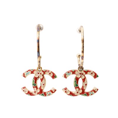 Lot 19 - Chanel Red CC Drop Hoop Pierced Earrings