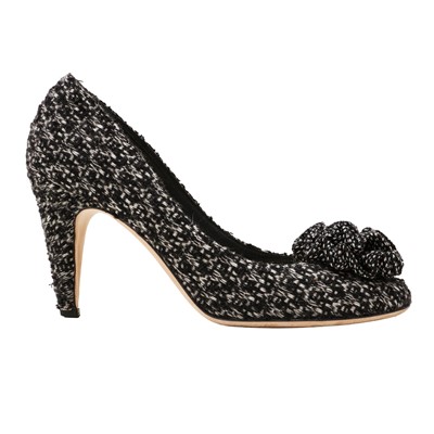 Lot 178 - Chanel Black Tweed Camellia Heel Pump - Size 39.5