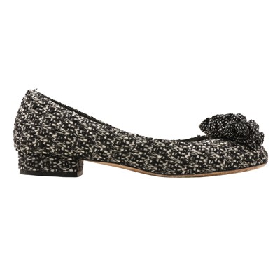 Lot 180 - Chanel Black Tweed Camellia Low Heel Pump - Size 39.5