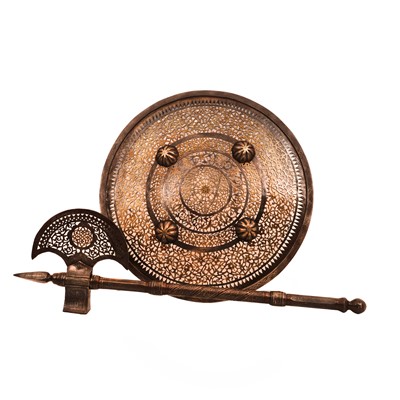 Lot 251 - A Persian Revival Pierced Shield (Sipar) and Silver-Inlaid Ceremonial Axe (Tabar), Qajar Period