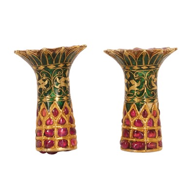 Lot 264 - A pair of Mughal gem set gold ear plugs