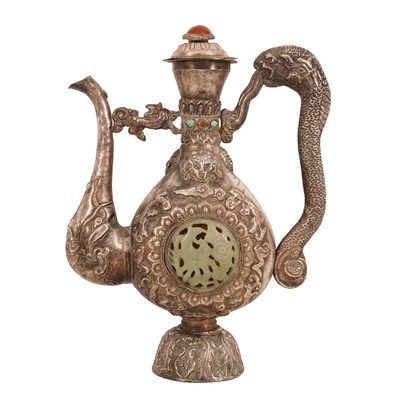 Lot 266 - A Tibetan White Metal and Hard-stone mounted ewer