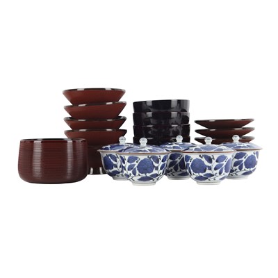 Lot 126 - A large group of Japanese lacquer and porcelain bowls, 20th/21st century