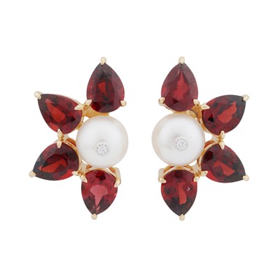 Lot 172 - A pair of garnet, pearl, and diamond flower earrings