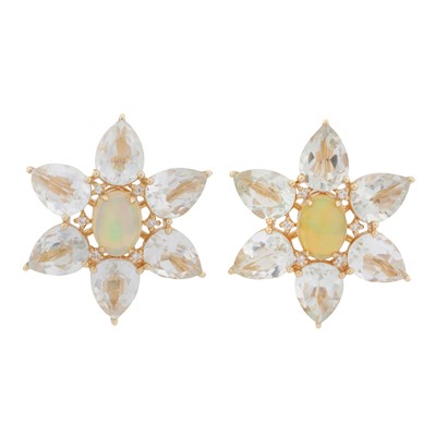 Lot 127 - A pair of opal, topaz, and diamond flower earrings