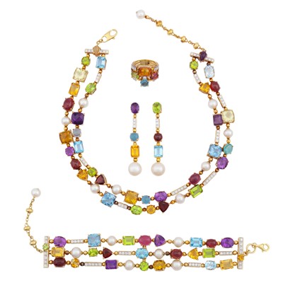 Lot 142 - A multi gem-set necklace, bracelet, earring, and ring suite