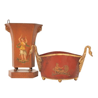 Lot 168 - A French Empire style and an English Regency painted and parcel-gilt toleware cachepots