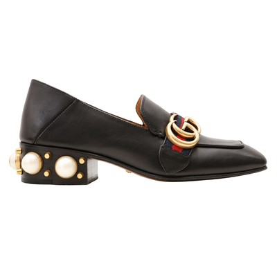 Lot 137 - Gucci Black Peyton Pearl Mid Heel Loafer - Size 34