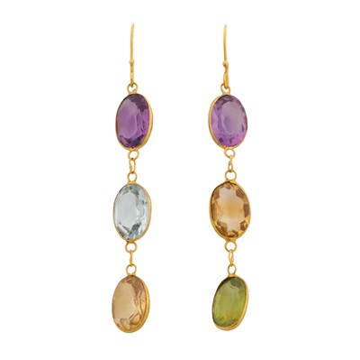 Lot 143 - A pair of amethyst, citrine, blue topaz, and peridot pendent earrings