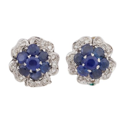 Lot 58 - A pair of sapphire and diamond flower earrings