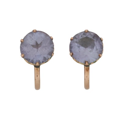 Lot 247 - A pair of synthetic colour-change sapphire earrings