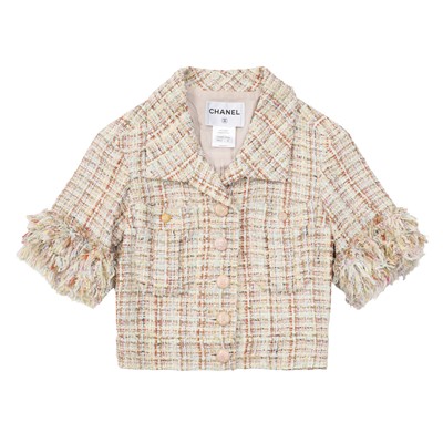 Lot 44 - Chanel Pink Tweed Cropped Camellia Jacket - Size 34