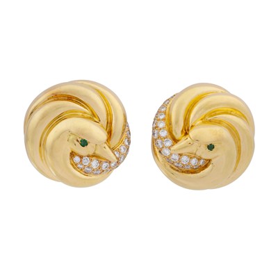 Lot 108 - A pair of emerald and diamond swan earrings
