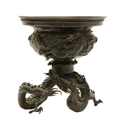 Lot 104 - A Japanese bronze dragon vase and stand, late Meiji period, 20th century