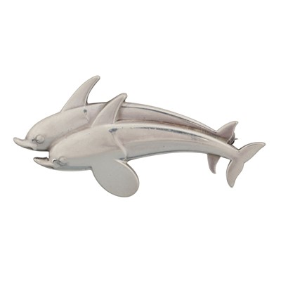 Lot 394 - Georg Jensen | A Danish modernist double dolphin brooch