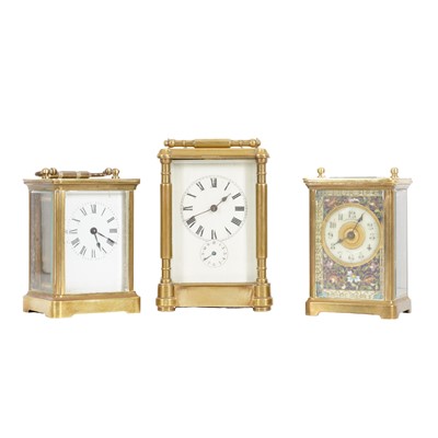 Lot 111 - A group of three late 19th Century French Carriage clocks