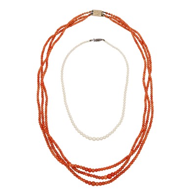 Lot 468 - A coral necklace with a pearl necklace